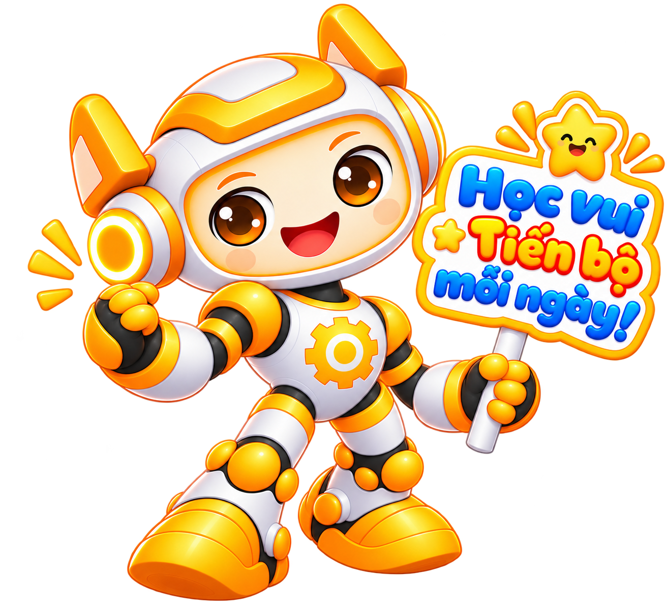 ROBOTO mascot cheerful fist gesture with study joy progress sign
