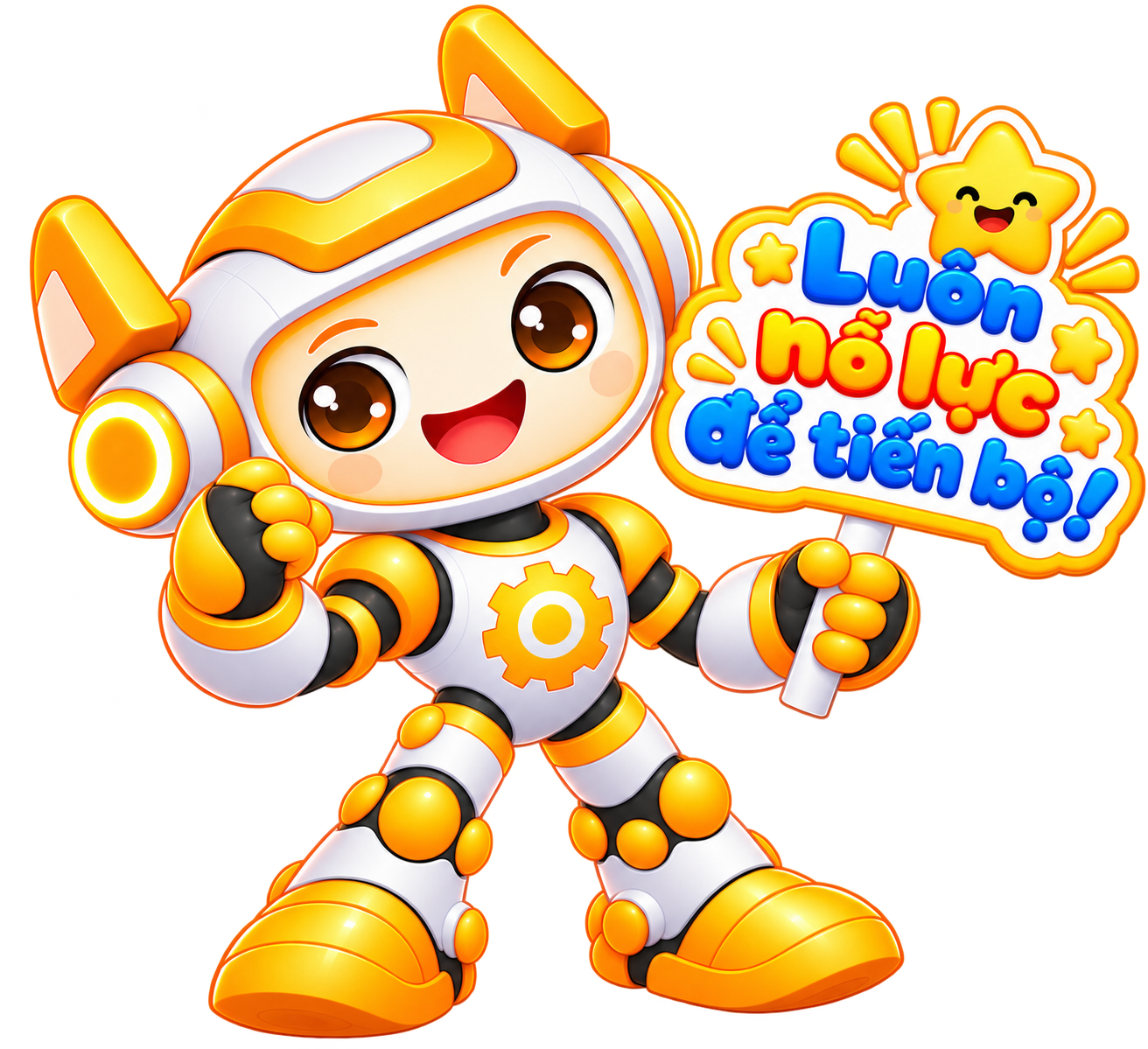 Mascot ROBOTO giơ nắm đấm cổ vũ với khẩu hiệu Luôn nỗ lực để tiến bộ