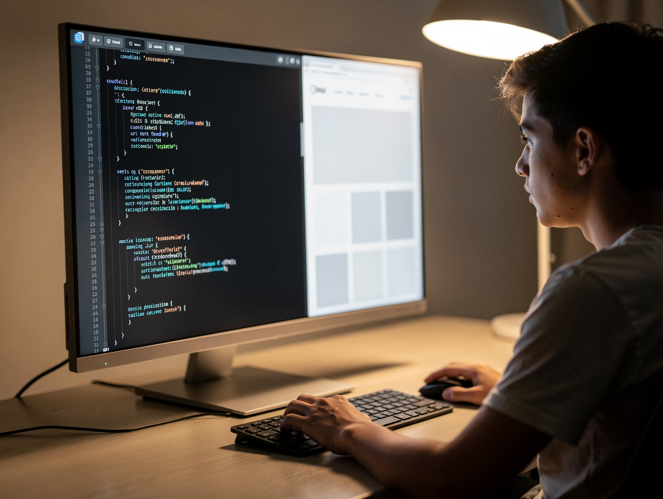 Student writing Python code with dual-screen debugging tools
