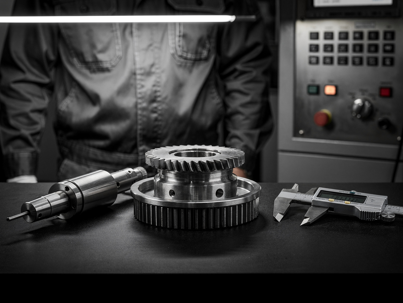 Student examining mechanical gear alignment on an engineering workbench
