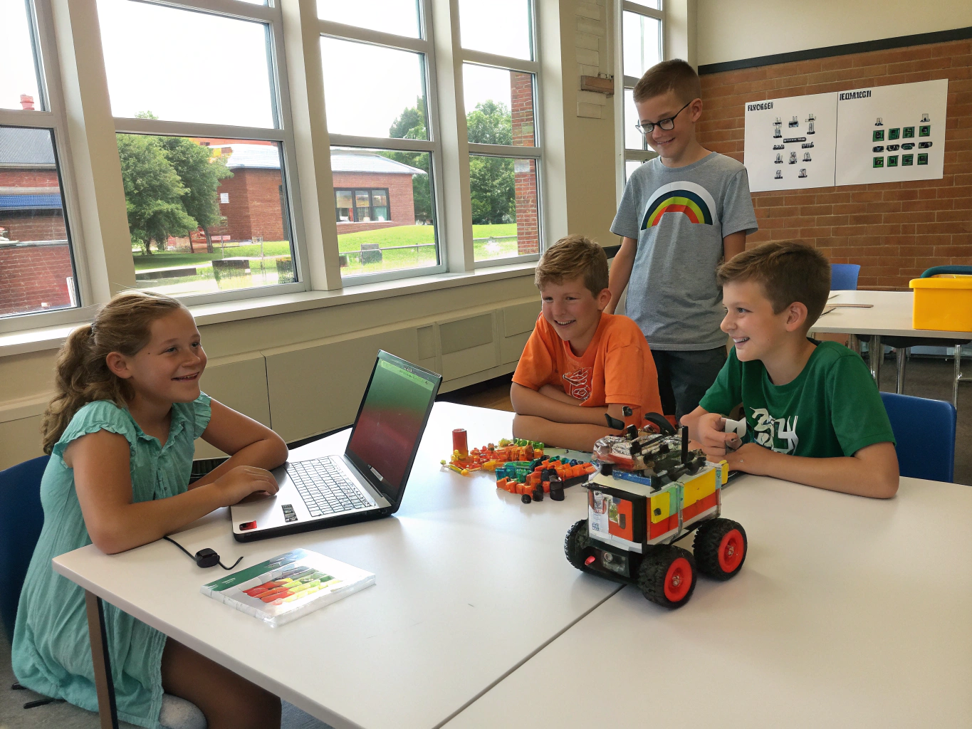 Students operating LEGO robotics rover on FIRST LEGO League tournament game mat