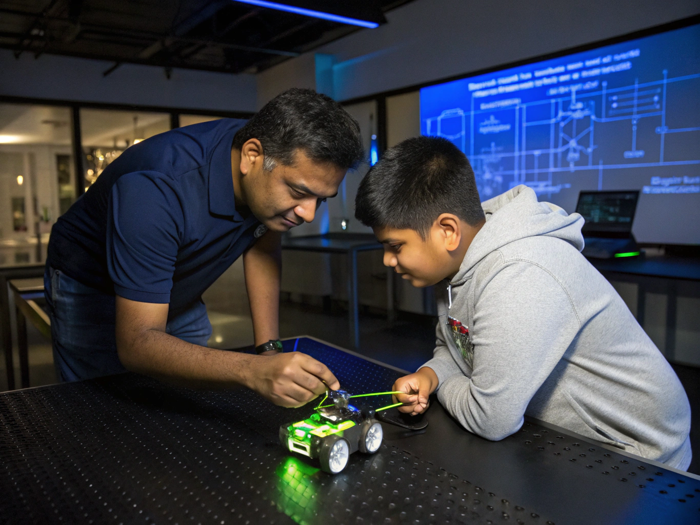 ROBOTO robotics instructor guiding a young student through code debugging on a lab workstation