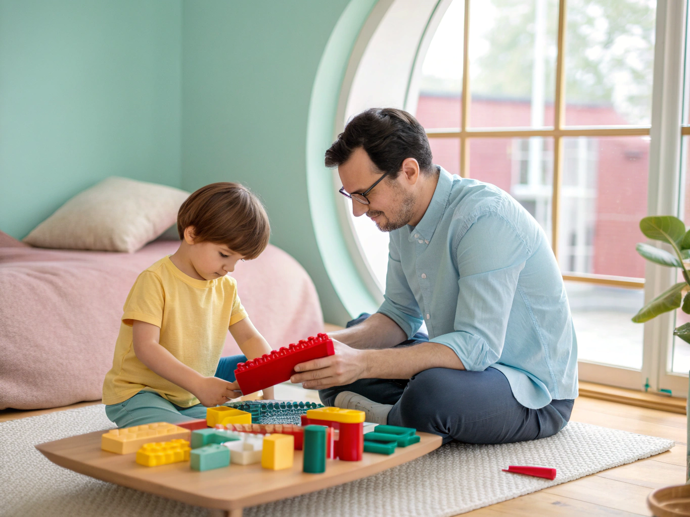 Parent and child assembling a robotics mechanism together at a workshop desk