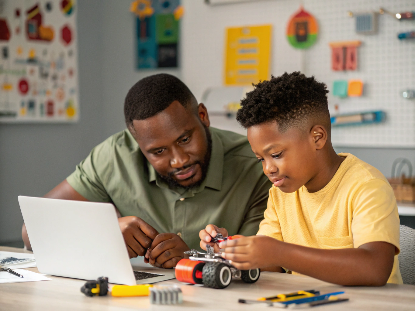 Parent and child examining a student-built robotic vehicle in natural daylight