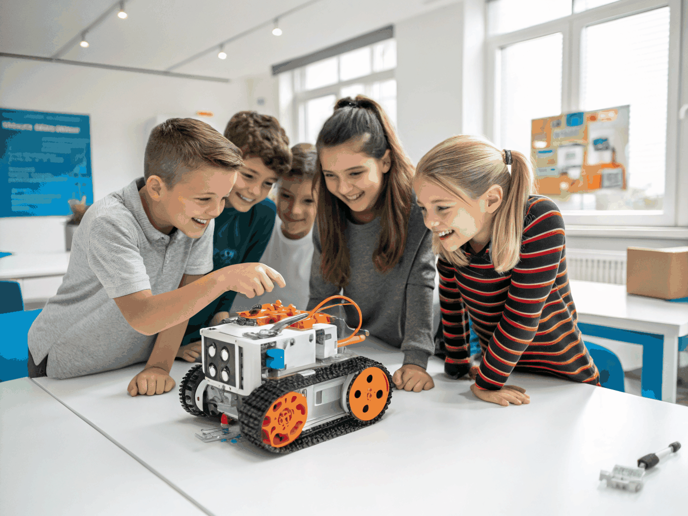 Giảng viên đồng hành cùng hai học viên kiểm thử mô hình xe Robotics tự chế tạo trong phòng lab
