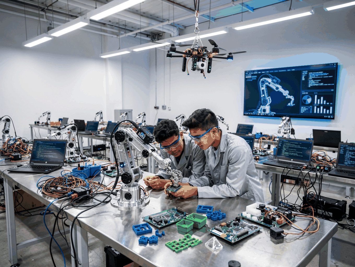 Phòng lab Robotics trung tâm với máy in 3D, các trạm lập trình màn hình kép và sàn thi đấu chuẩn FLL