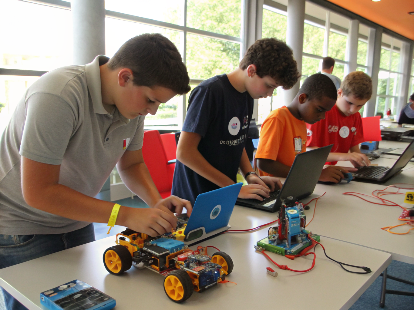 ROBOTO mentors and students collaborating around a modular robotics engineering workbench