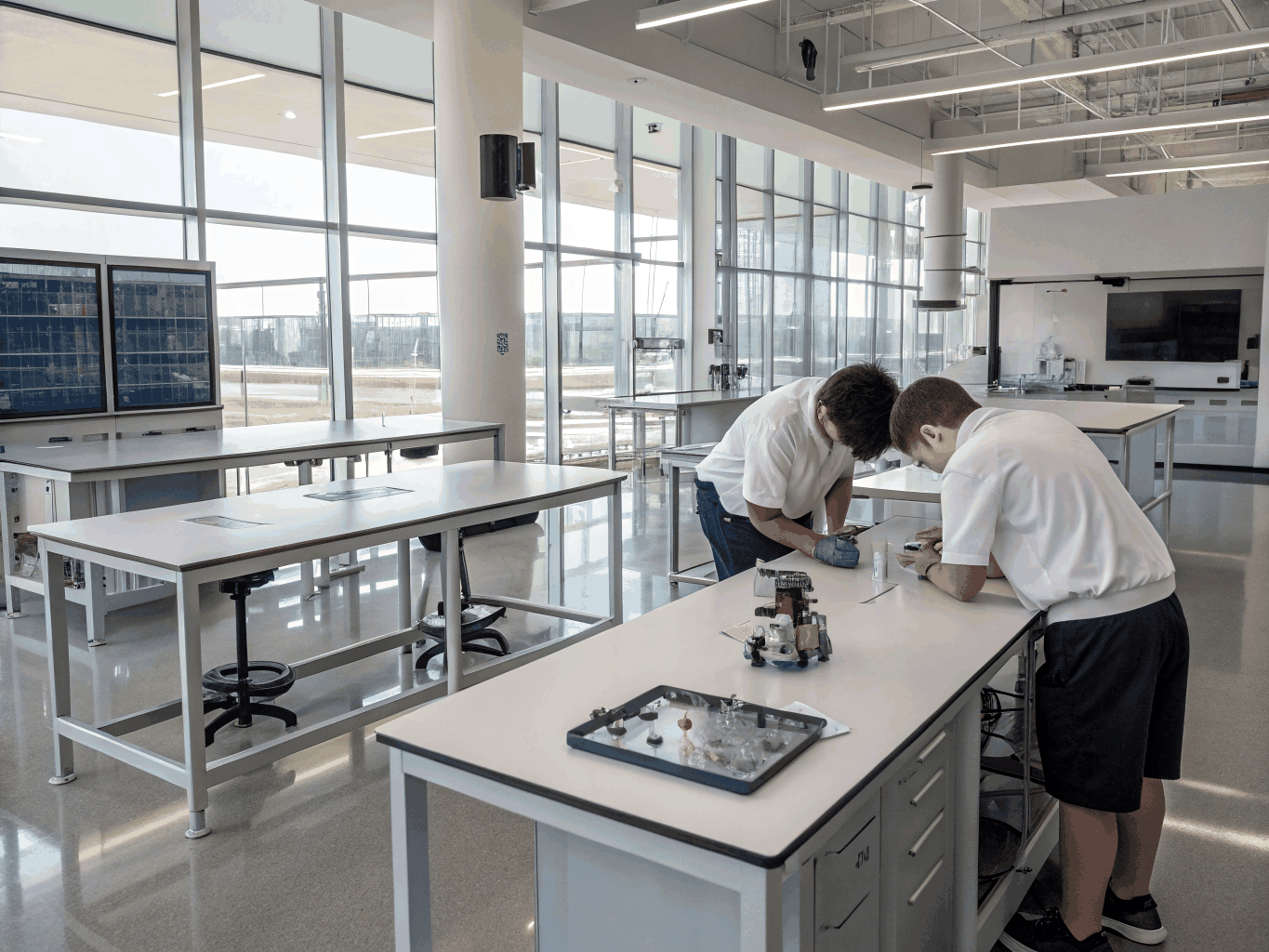 Student tuning a microcontroller on an autonomous robot chassis