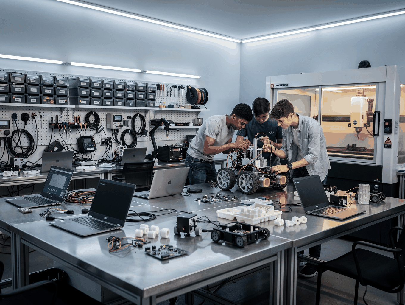 Young student assembling mechanical robotics parts with gears and sensors