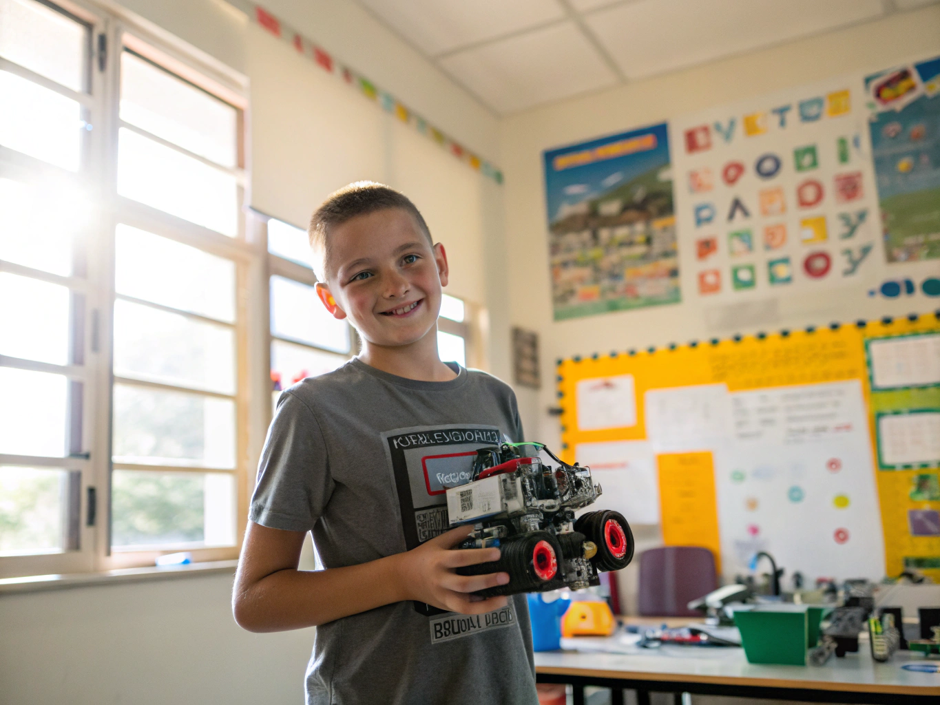 Confident student holding up a completed custom automated robotics invention