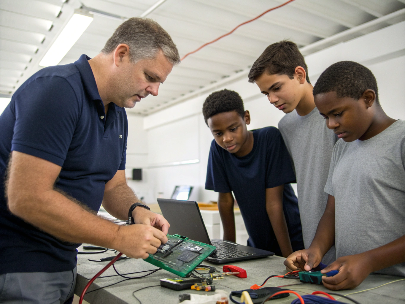 Mentor assisting child in debugging robotics circuit and error logs