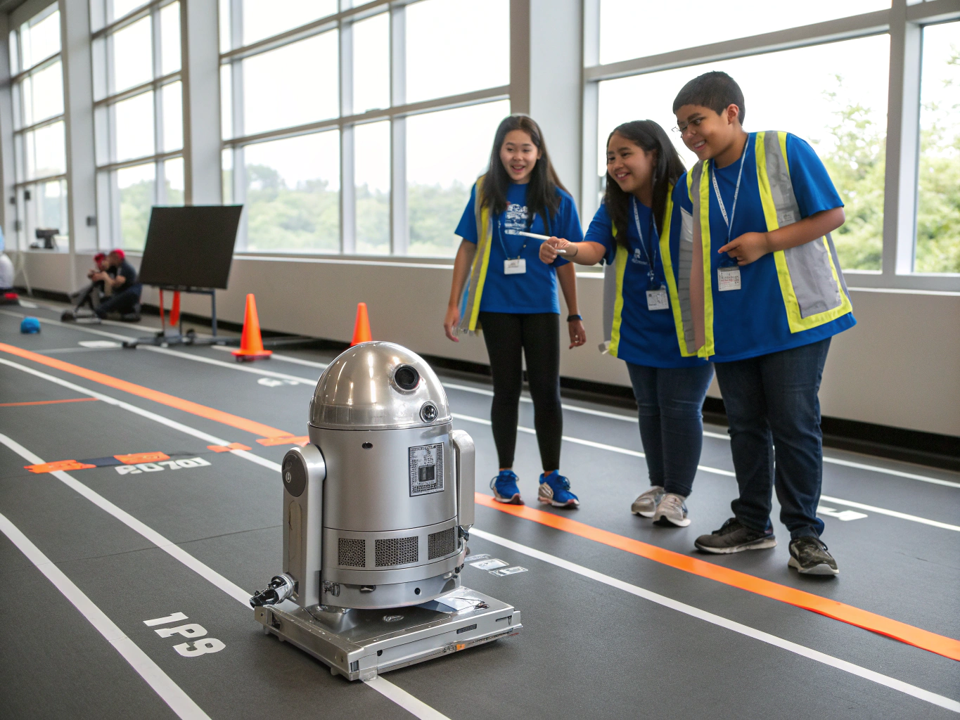 Students benchmarking robotic vehicle on testing track with sensors active