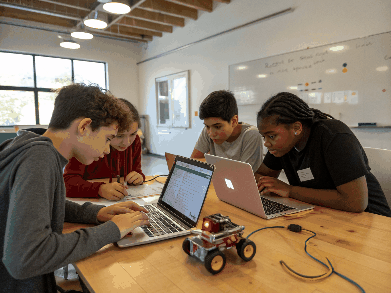 Students programming robotics systems at dual-screen workstations in ROBOTO laboratory