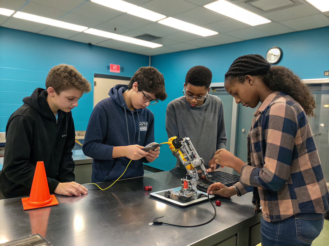 Students testing completed robotics builds in an engineering lab