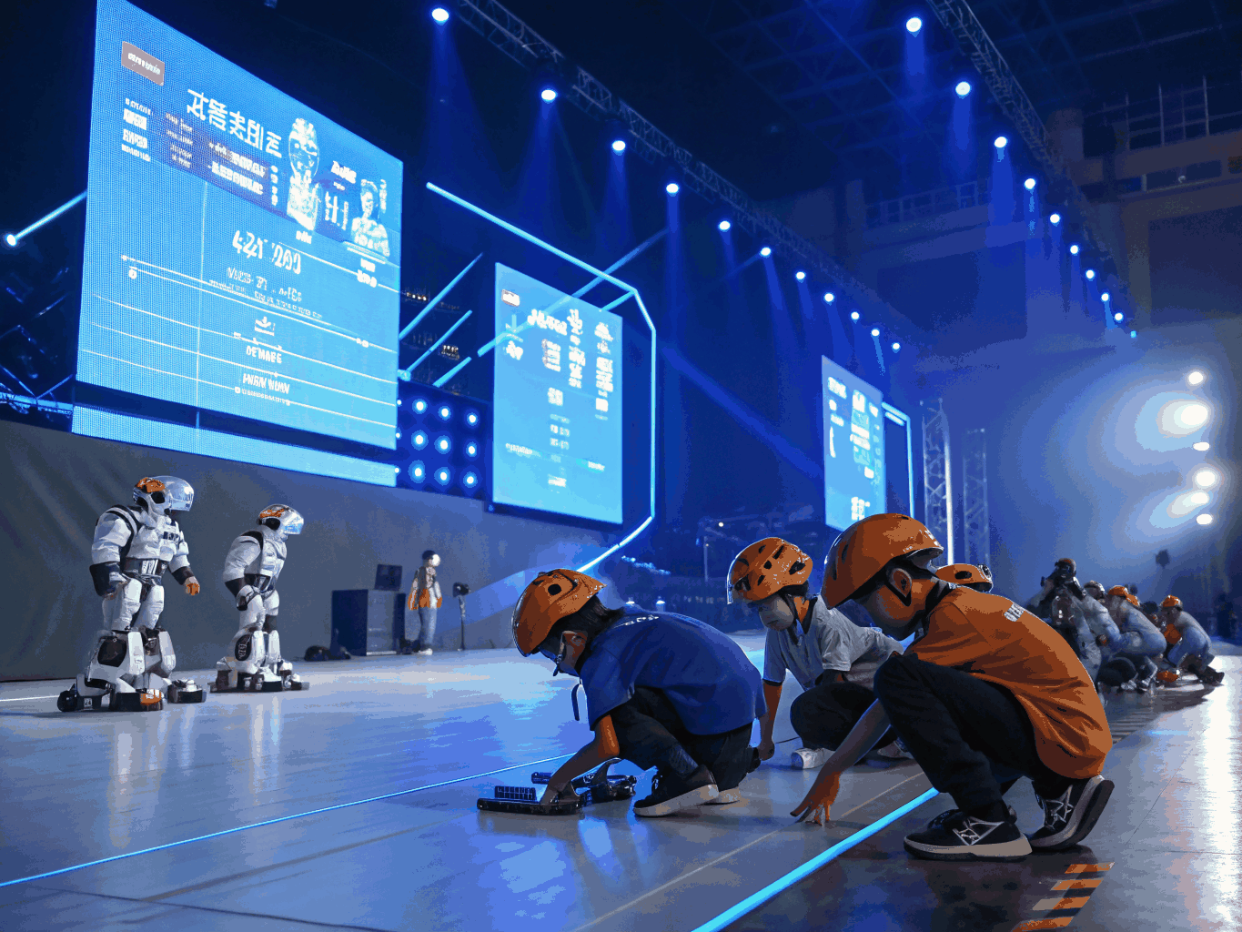 Competitors tuning robot sensors at the World Robot Olympiad challenge table