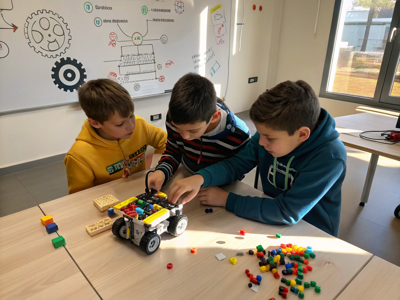 Students testing autonomous LEGO robot on FIRST LEGO League tournament board