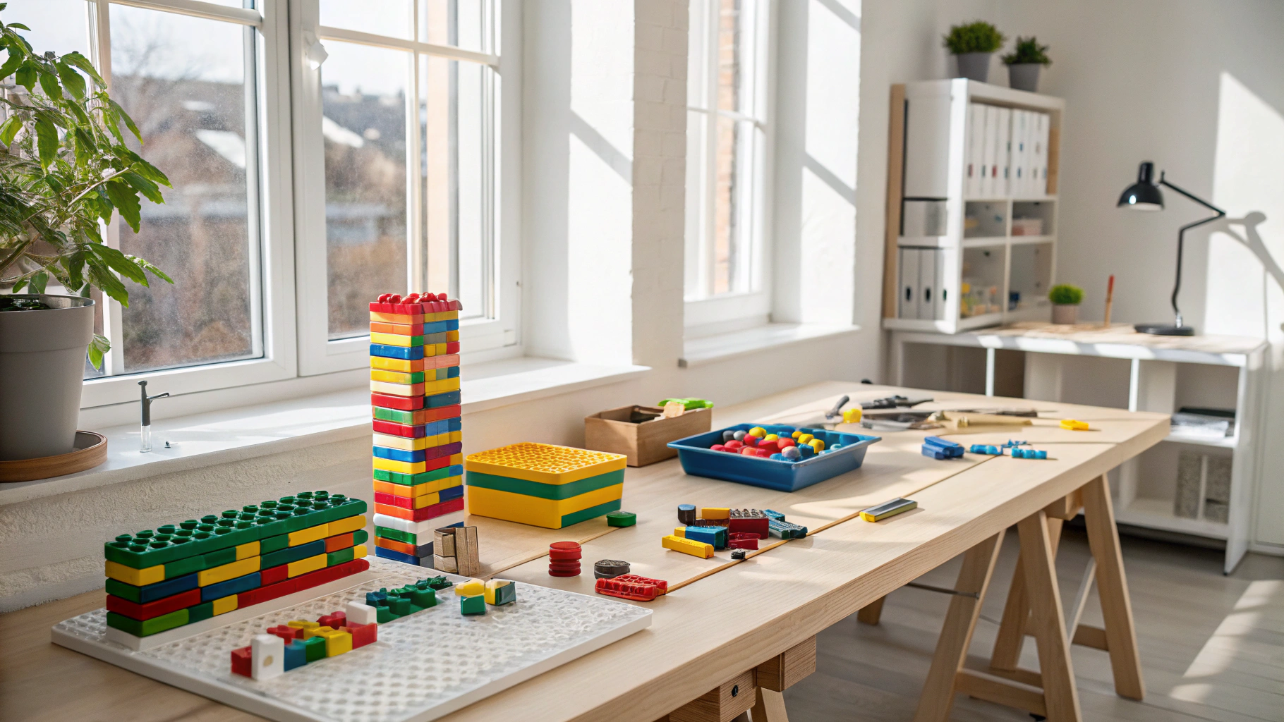 Duplo city-building scene with gears, levers and simple mechanical city models