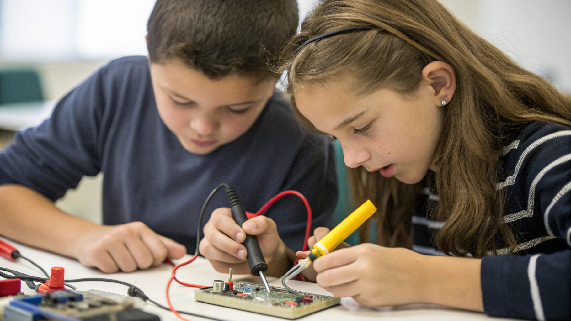 Two students collaborating on a robotics kit