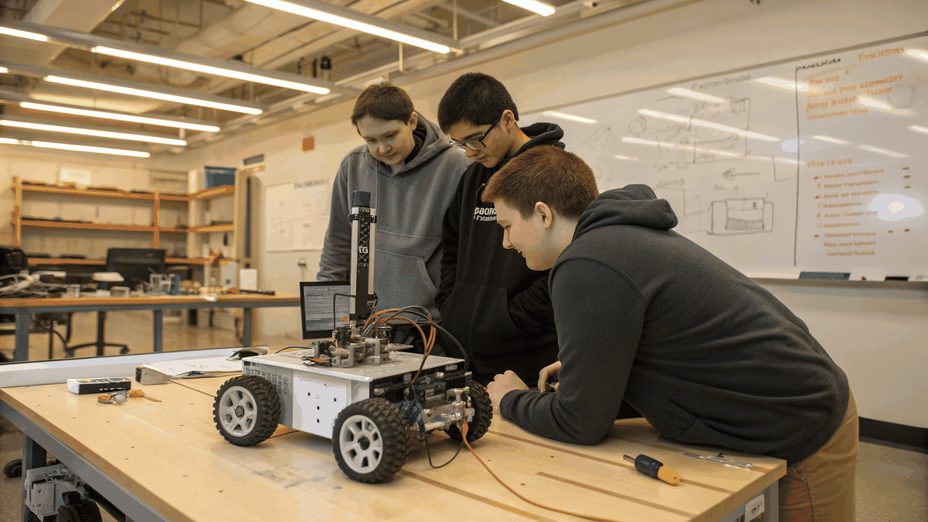Three students collaborating in team roles with a robotics kit