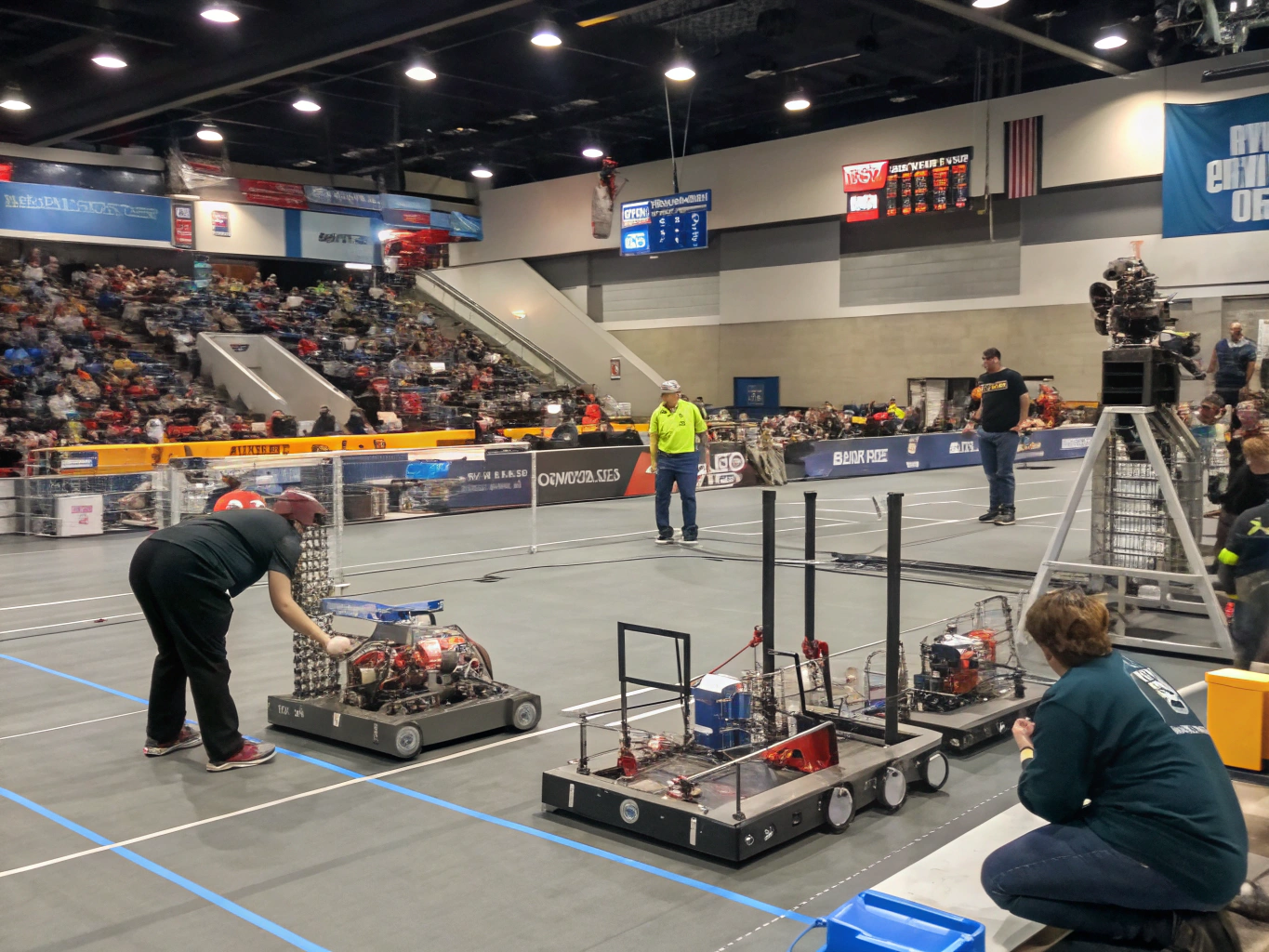 Custom metal robot design for VEX Robotics Championship alliance arena match